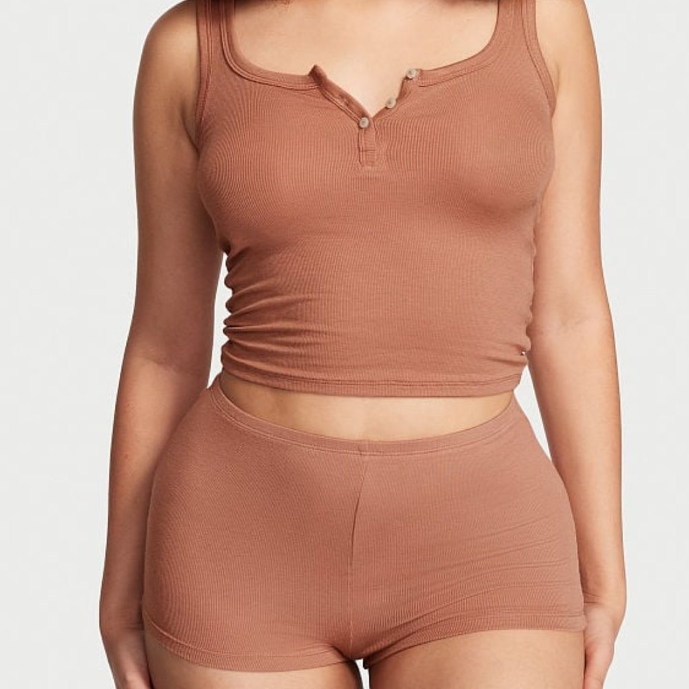 VS XL Ribbed Modal Henley Tank Short Set Brown Pajama PJs P.J.'s So Comfy! NWT